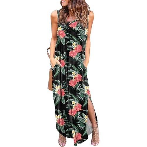HUSKARY Women's Maxi Dresses V Neck Sleeveless Long Casual Dresses Loose Sundress with Pocket XX-Large Flower06