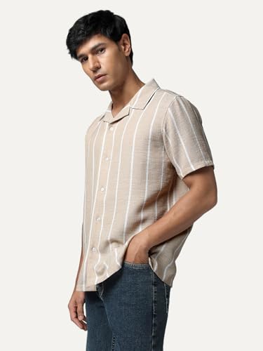 Image of Urbano Fashion Men's Cotton Half Sleeve Relaxed Fit Linen Striped Shirt with Cuban Collar