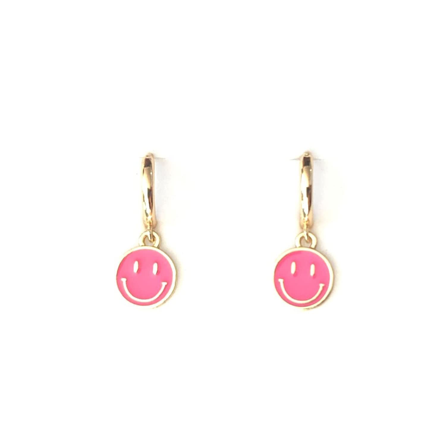 Pendientes chapados en Oro Emoticono de colores, Pendientes de Aro con colgante Carita Feliz, Perfectos para Regalo (Rosa)