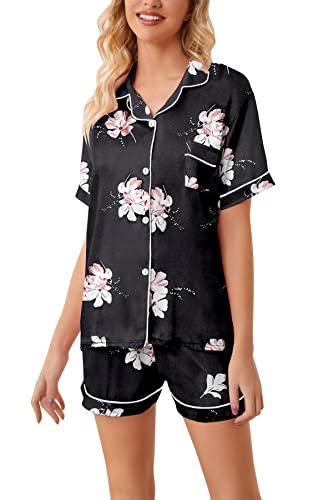 Image of Schbbbta Girls Womens Pajamas, Satin Silky Pjs Set Kids 2Pcs Button-Down Nightwear Sleepwear Gift for Mommy and me