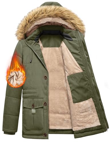 FemiChic Homme Manteau D'hiver Veste Chaude Blouson À Capuche Fausse Fourrure Amovible Jacket Doublure Polaire D'extérieur Winter Décontractée Résistant Epaissé Avec Poches Coa(Vert,XXL)