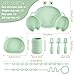 Silicone Baby Feeding Set, 8-Piece Baby Led Weaning Supplies Included Toddler Suction Plate, Bowl, Cup, 3 Spoons & 2 Safety Straps Keep Spoon, Fork & Bottle Off The Floor for Self-Feeding (Green)