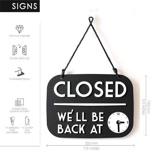 Open Closed schild Be Right back mit Saugnapf, vintage Retro - Öffnungszeiten änderbar, mit Zeitanzeige und beweglichen Zeigern (Schwarz, Englisch)