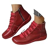 Bottines Femme Cuir, Bottines Femme Cuir Plates Rouge, Chaussures Bottine Femmes Hiver Confort Chic Chaussure Legere À Lacets Confortables Boots Pieds Larges Tête Ronde avec Fermeture Eclair 41