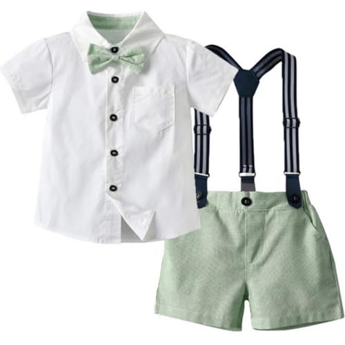Yaopelky Bambino Completi estivi da gentiluomo Camicia a maniche corte con papillon Pantaloncini con bretelle Tuta 1-8 anni (Verde, 5-6 anni)