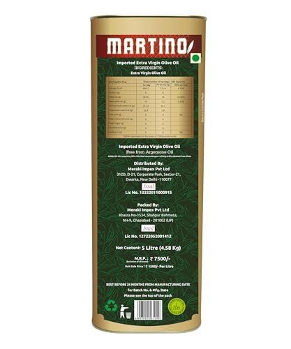 Image of Martino Extra Virgin Olive Oil 5 litre Tin First Cold Pressed Cooking oil Natural and First Cold Extraction |Rich in Antioxidants| Ideal For low heat cooking like sauteing & grilling, Salad Dressing.