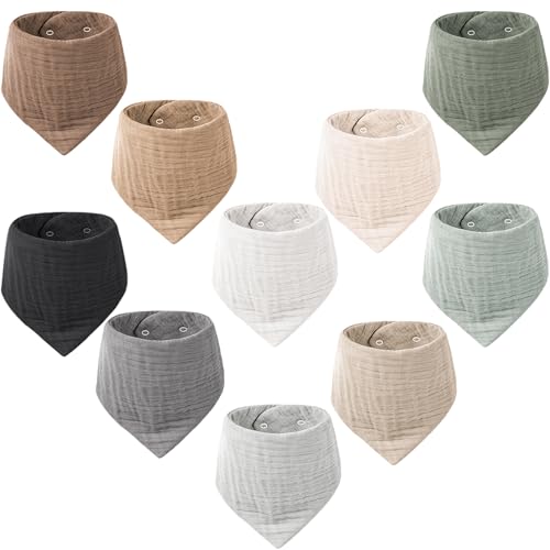 Image of Konssy Muslin Baby Bibs 10 Pack Baby Bandana Drool Bibs 100% Cotton for Unisex Boys and Girls, Soft Absorbent Set for Teething and Drooling