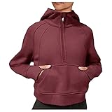 ➤ Merkmale: Raglanärmel mit Daumenloch, 1/2 Zip Hoodie, verkürzte Länge, gerippte Bündchen und Saum, Rundhalsausschnitt, einfarbig. Kängurutasche, Athletisches Workout Sweatshirt, Fleece gefütterter Kragen Pullover, Kapuzen Sweatshirt