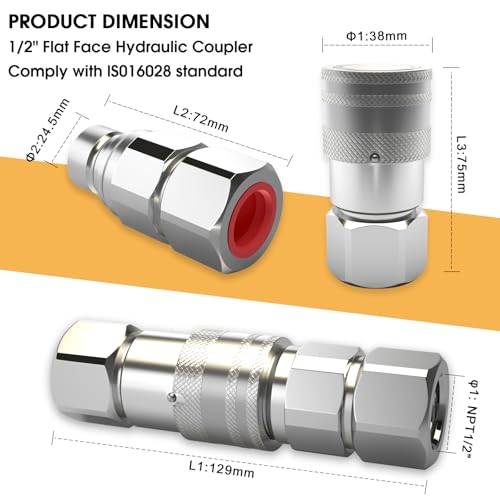 Image of Skid Steer Hydraulic Couplers 1 /2 inch NPT Flat Face With Dust Caps, Non-Spill,ISO16028, 1 /2 inch Body Harden Steel Construction with Zinc Plating