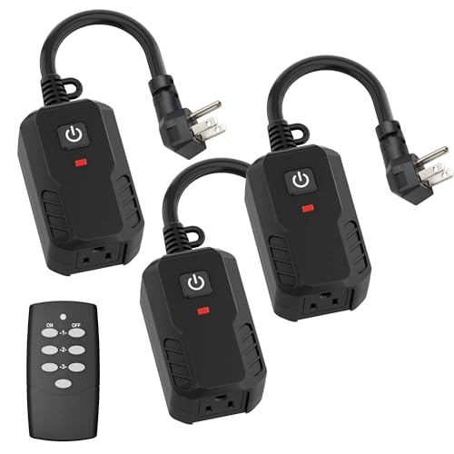 BN-LINK Outdoor Remote Control Outlet Plug Black,Indoor Wireless Outlet Switch Weatherproof Heavy Duty 15A 3-Prong 6-inch Cord 100Ft Range,3Pack(Battery Included)