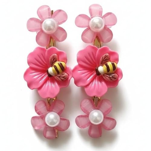 Image of Alvero 2Pc Elegant Flower Hair Clips for Women, Translucent Floral Barrettes with Pearl & Crystal Rhinestone, Cute Korean Style Clips for Wedding, Party - 6 x 2 x 1.5cm (Pack of 2 Piece) (Pink)