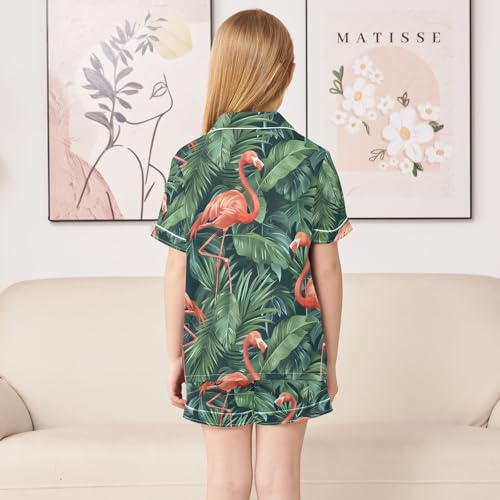 ALAZA Tropical Retro Flamingo Palm Leaves Green Pajamas Satin Pajama Set Short Sleeve Button Down Sleepwear4