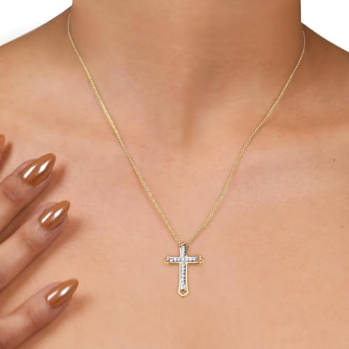 GILDED 1/10 ct. T.W. Lab Grown Diamond (SI1-SI2 Clarity, F-G Color) and 14K Yellow Gold Plating Over Sterling Silver Cross Pendant with an 18 Inch Spring Ring Clasp Cable Chain3
