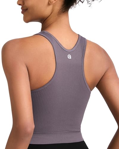 Image of RUNNING GIRL Sports Bras for Women High Impact Seamless Ribbed Longline High Neck Workout Crop Tank Tops(BX3067Dark Grey,L)