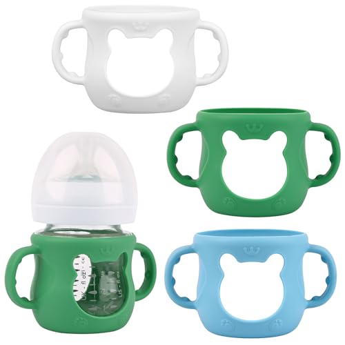 Image of 3 Pack Silicone Sleeves for Avent Natural Glass Baby Bottles, Anti Breakage Baby Bottle Sleeves with Handles, Compatible Philips Avent Glass Natural Baby Bottle 4 oz(White+Blue+Green)