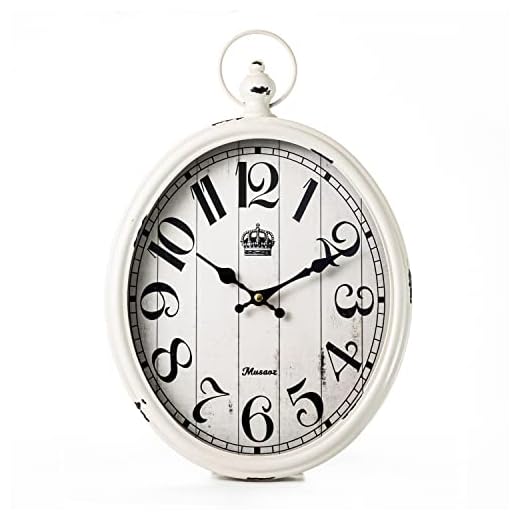 Oval Large Wall Clock Silent Non-Ticking Metal Battery Operated Retro Wall Clock Antique Design Rustic Vintage Style Decor Wall Clock for Living Room Kitchen Farmhouse 16 inch (white, 16inches)