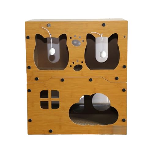 Fiozwea 猫用爪とぎハウス(階段付き)、大型段ボール箱 段ボール製木製サマーベッド、屋内2階建て猫用隠れ家(様々なスタイルをご用意) (3層の雲,木の色)