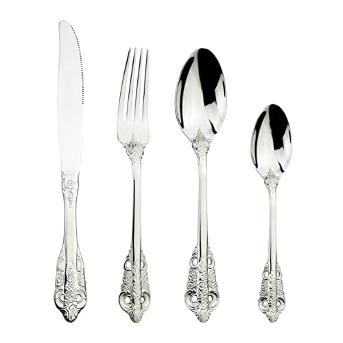 LINFFSTR 32 piezas Juego de cubiertos de cubiertos de acero inoxidable 304 Vajilla Juego de Cubiertos Servicio para 8 Juego de cubiertos de cuchara, tenedor y cuchillo occidental Cubiertos de cocina J Cover
