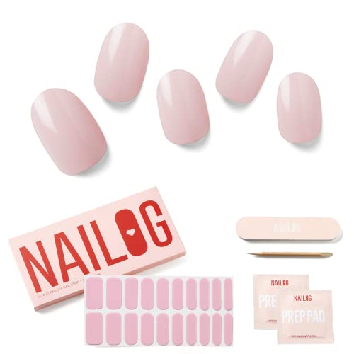 NAILOG Semi Cured Gel Nail Strips, Extra Long Nail Polish Strips (20 Pieces), Long Lasting Semi Cured Nail Stickers with Soft Glossy Gel Finish,Camellia