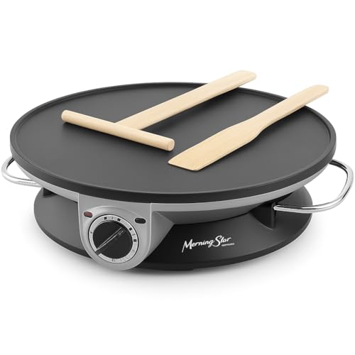 Morning Star Electric Crepe Maker, 13 Inch Nonstick Multi-Function Tortilla Machine, Ideal for Crepes, Pancakes & Roti, Wooden Spatula & Batter Spreader Included