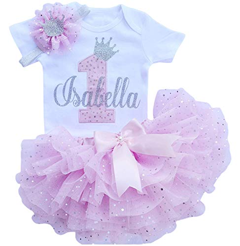 Personalized First Birthday Outfit Girl - Handmade Silver Sparkle Ruffle Pink Tutu Skirt with Headband for Sweet One Birthday Outfit Girl - Perfect for One Year Old Girl Birthday Gifts or Photoshoot