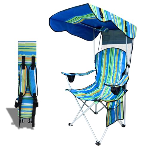 CAMP SOLUTIONS Camping Chair with Adjustable Canopy Shade, Portable Folding Chair with Cup Holder & Side Pocket for Beach, Fishing, Camping - Support 330 LBS (Streak)