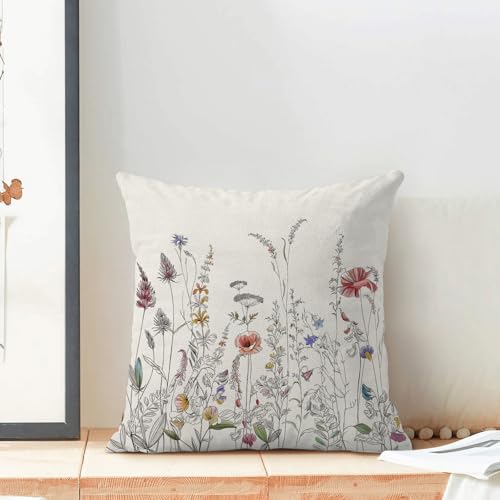 Image of AEIOAE Spring Pillow Covers 20x20 Inch Set of 2, Black Wild Flower Throw Pillows Case,Colorful Seasonal Floral Plant Outdoor Decorative Farmhouse Decor Cushion Covers for Home Sofa Bed Couch
