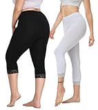 2 Pack Ultra Soft Lace Trim Capri Leggings for Women Stretchy High Waisted Yoga Cropped Leggings