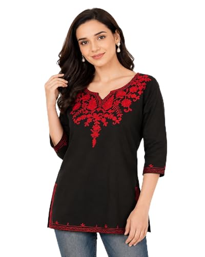 Image of Women's Gulnar Pure Cotton Kashmiri Embroidered A-line 3 /4 Cuff Sleeves Kurti | Short Kurta