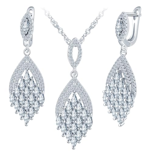 MicLee Collares colgantes y pendientes de circonitas para mujer: Juegos de joyas de plata 925 - Pendientes y collar zirconia en forma de hoja - Joyas de boda elegantes - Joyas de fiesta plata