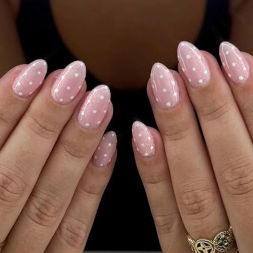 Polka Dot Press on Nails Short Almond Fake Nails Soft Pink Nails Press ons with White Polka Dots...