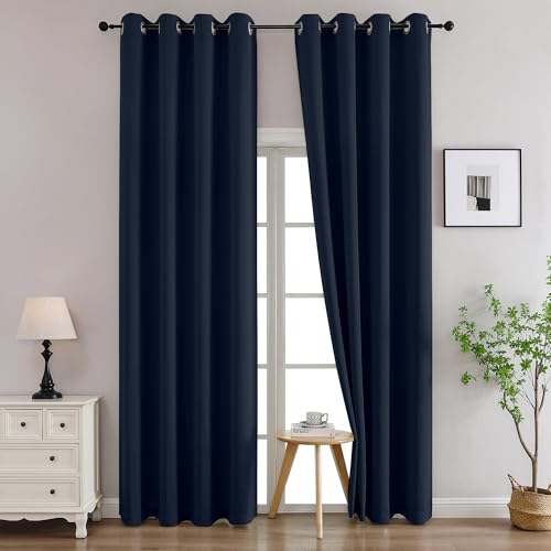 Image of Simplebrand Navy Blue Curtains for Bedroom Living Room 96 Inches Long 2 Panels Set, Room Darkening Thermal Insulated Curtains & Drapes, Solid Grommet Noise Reducing Window Treatment, W50 x L96 Inch