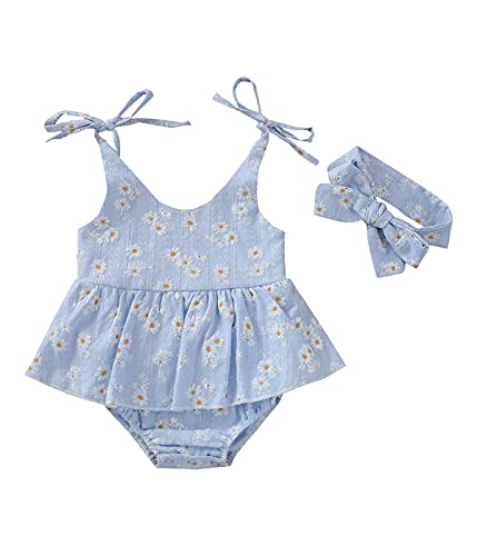 Image of Baby Girls Daisy Playsuits Bodysuit+Headband Print Halter Romper Floral Jumpsuit Infant Onesie Summer Clothes