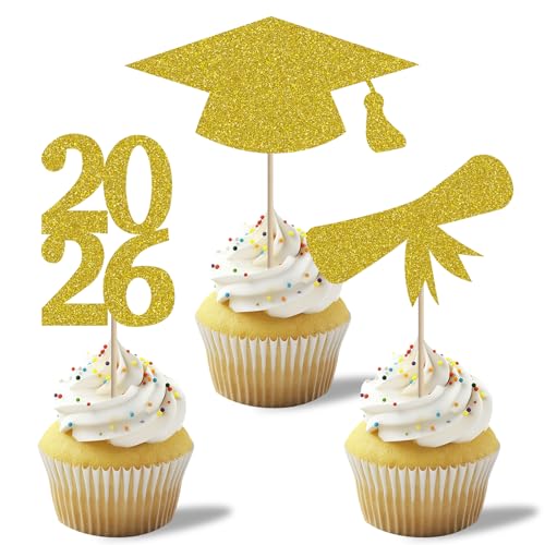 2026 Graduation Cupcake Toppers Gold Glitter School Graduation Theme Cake Toppers Pick for Graduation Cap Grad Diploma Supplies Party Decors - 24 Pack