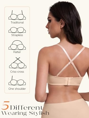 Women's Strapless Bra Multiway Lift Padded Underwire Bra Anti Slip Full Coverage Convertible Brassie3