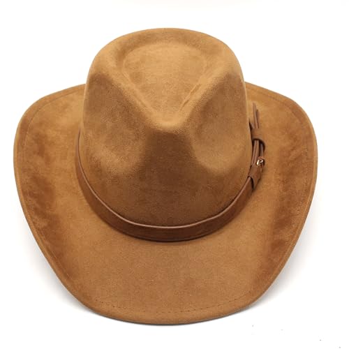 Image of Unisex Western Suede Cowboy Cowgirl Hat Classic Wide Brim Fedora Hat for Men &Women