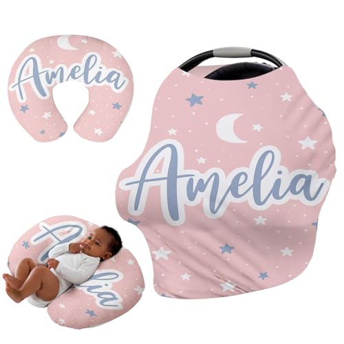 Image of Custom Car Seat Covers for Babies - Breathable Baby Car Seat Cover for Girls Boys, Pink Moon Kick-Proof Newborn Carrier Canopy Stretchy Stroller Cover for 4 Seasons