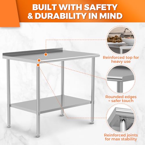 All Stainless Steel Work Table Heavy Duty Prep Table 30x48 Inch with Stainless Steel Undershelf Backsplash Replaceable Feet(Without Caster) Commercial Workstation for Restaurant Kitchen Outdoor - Image 6
