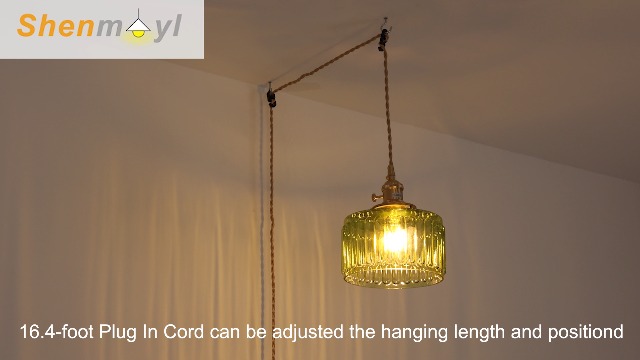 Image of Shenmoyl Plug in Pendant Light Hanging Light Fixtures with Plugin Cord On /Off Switch,Green Striped Glass Lampshade Brass Pendant Light