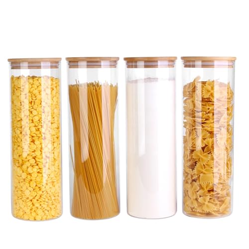 PUSCRIENO Glass Food Jars with Airtight Bamboo Lids, 77oz Round Glass Canister Set of 4, Pantry Organizers for Cookie Flour Oat Pasta Tea Coffee Bean
