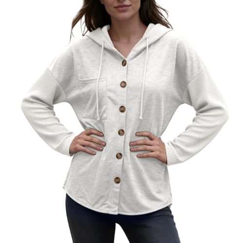 Floobei Sweatshirt für Damen,Hoodie Damen Sweatjacke mit Kapuze Kontrast Sweatshirt Jacke Langarm Knopfleiste Patchwork Kapuzenjacke Leichte Kapuzenpullover Frühling Herbst Oberteil Tagesjacke