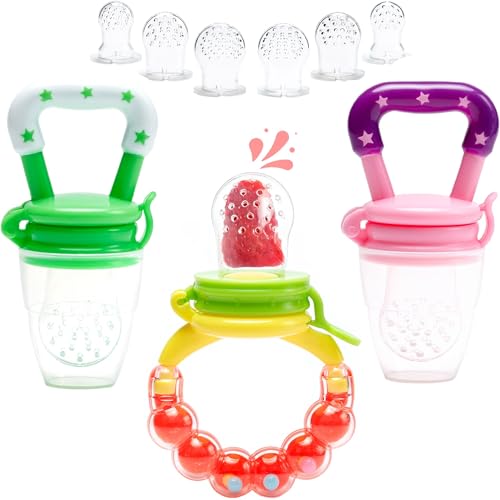 Image of Baby Food Feeder Fruit Pacifier – (3 Pack) Fresh Food Fruit Feeding Teether for Toddler Silicone Fruit Teething Toy Food mesh Teeth with Pacifiers Meshes Newborn Nibbler Cover Set, pink, green