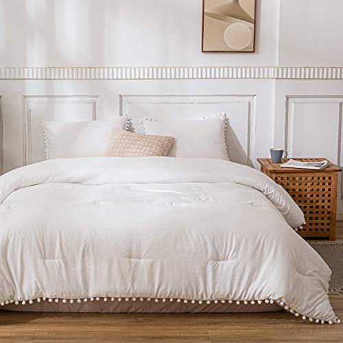 White Comforter Set Off White Pom Poms Comforter Bedding Set White Ball Fringe Design Down Alternative Comforter Bedding Twin 1 Comforter 1 Pillowcase (Twin, White)