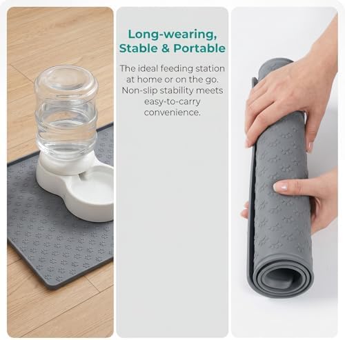 Thick Raised Edge Pet Feeding Mat, 23.62 x 15.75 Inch Non-Slip Mat, Anti-Spill & Floor Protection for Cat Dog Food Bowls (Gray) - 3