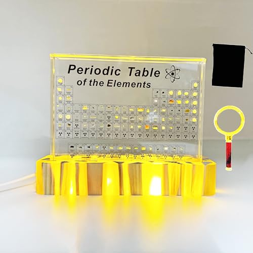 Image of Periodic Table with Real Elements Inside,Acrylic Periodic Table Display with 83 Real Elements Samples with Wooden Stand,Craft,Teaching Tool,Gift for Kid,Students,Teacher,Science Lovers Amber Base