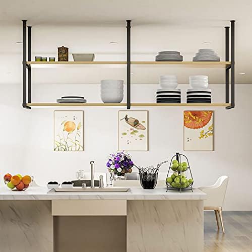 Industrial Ceiling Mount Floating Shelf - Rustic 2-Tier Wood & Metal Storage Rack for Garage & Kitchen - Stylish Wall-Mounted Shelving for Home Decor & Organization