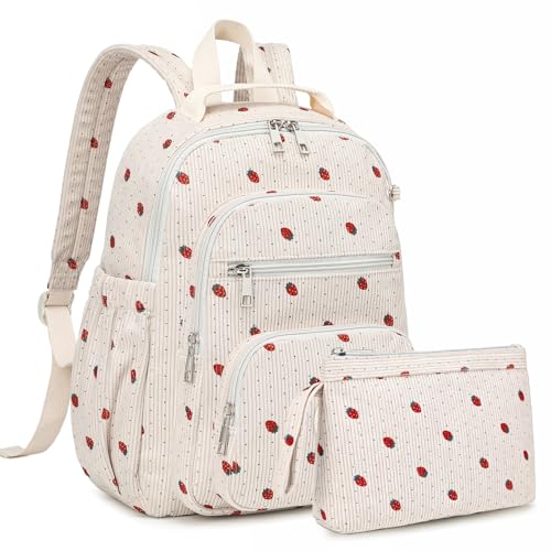 Image of Sisipoet Mini Backpack for Women, Corduroy Small Backpack for Ladies Bookbag Purse for Women with Handy Wallet and Luggage Strap,Beige Strawberry