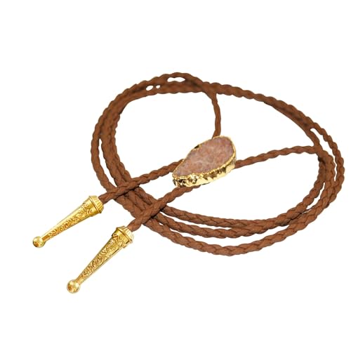 Image of Daisy Del Sol Gemstone Bolo Tie Braided Vegan Faux Leather Natural Stone Gold Handmade Necklace Adjustable Boho Western Jewelry
