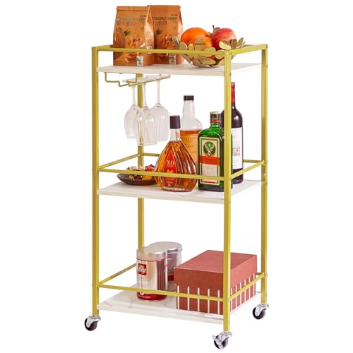 IBUYKE Home Bar - Carrito de Servicio pequeño con 3 Niveles, Estante móvil para Bebidas con Soportes para Vino y Soportes para Vasos, Mini Bar para Exteriores, Espacio pequeño, Cocina, Blanco TMJ519W