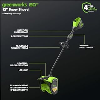 Greenworks 80V 12" Brushless Cordless Snow Shovel with Led Lights, 25ft Throwing Distance, 8" Deep Clearing, Electric Snow Thrower Blower Removal Tool for Winter Storm, 2.0Ah Battery&Charger Included